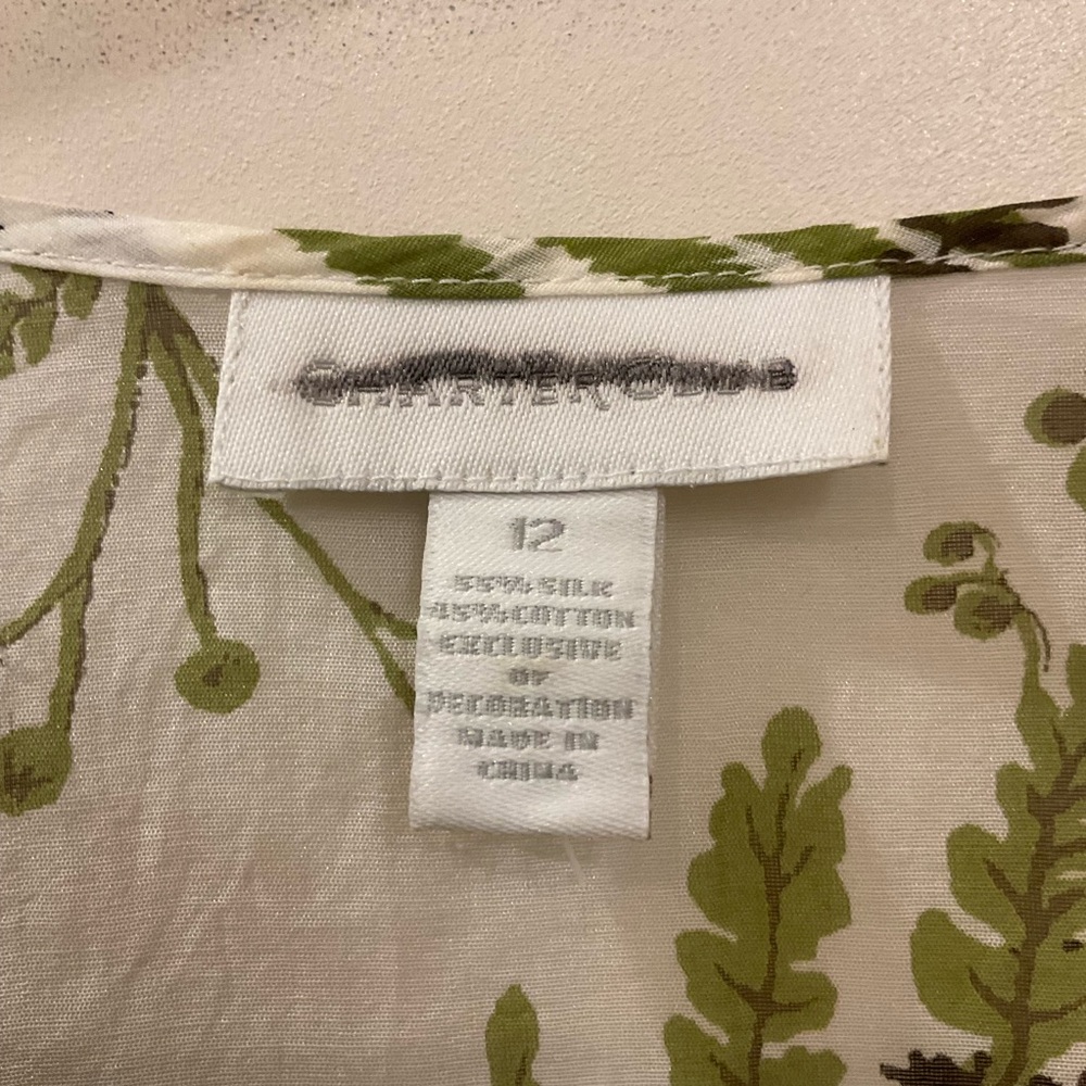 Lightweight Blouse, 55% Silk, 45% Cotton, White and Green Leaf Print, Sz 12 - Picture 6 of 13